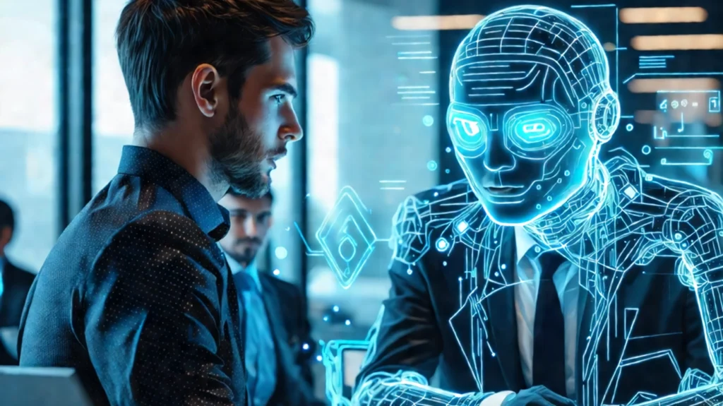 Man interacting with digital AI hologram.