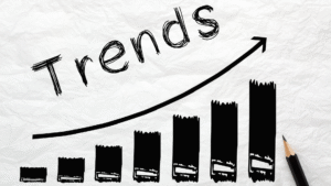 Trends graph with rising bars and arrow.